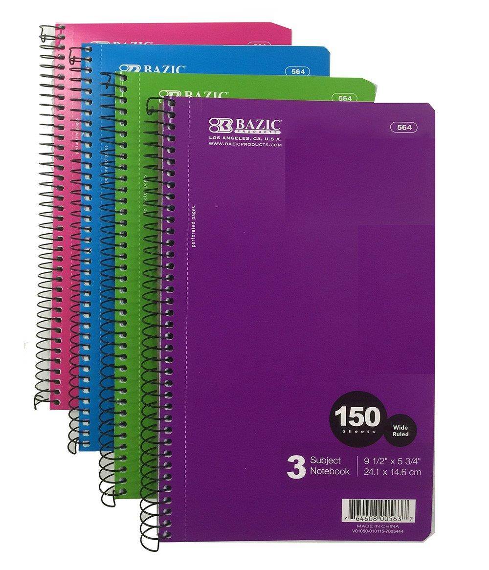 BAZIC W/R 150 Ct. 9.5" X 5.75" 3-Subject Spiral Notebook (Case of 24)