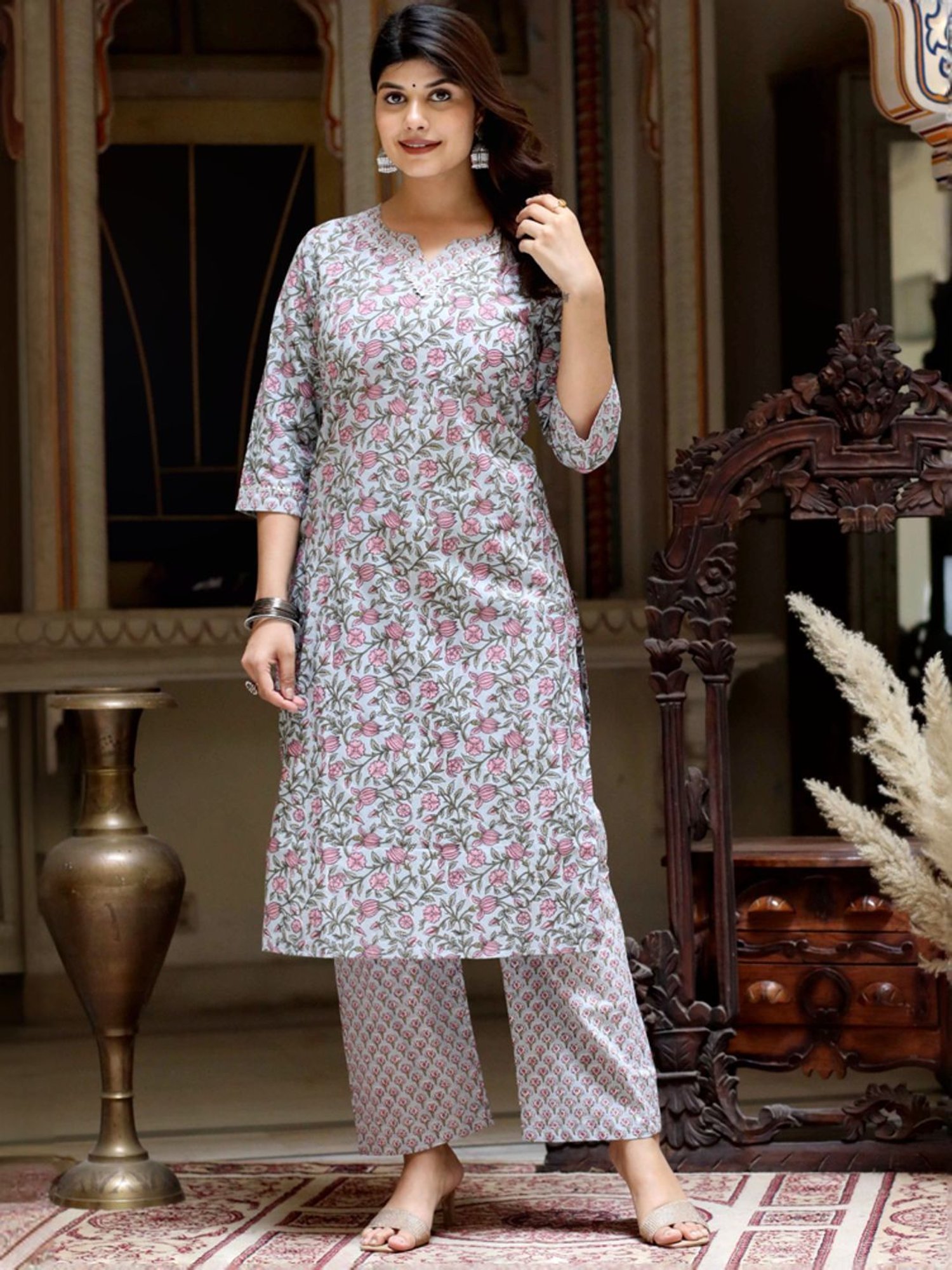 Miravan Blue Cotton Floral Print Kurta Palazzo Set
