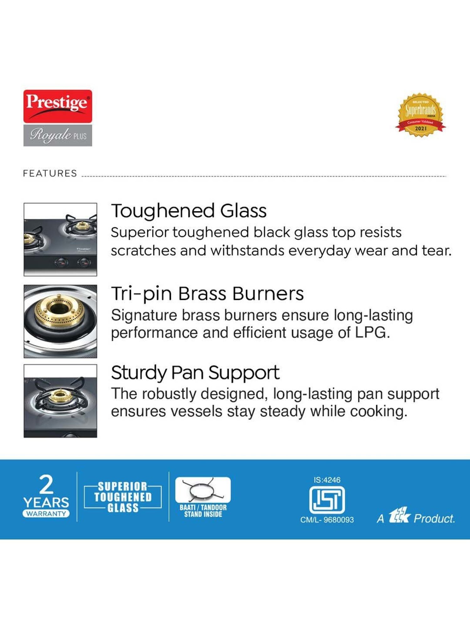 Prestige Black Glass Royale Plus Gt 03L Toughened Top Gas Stove With 3 Burners