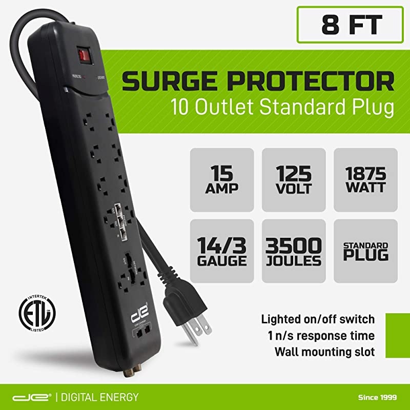 25FT Heavy Duty 10Outlet 3500 Joules Surge Protector Power Strip 25 Foot Long Extension Cord Two USB Charging Ports Coaxial Phone Protection ETL Listed 15 AMP Black