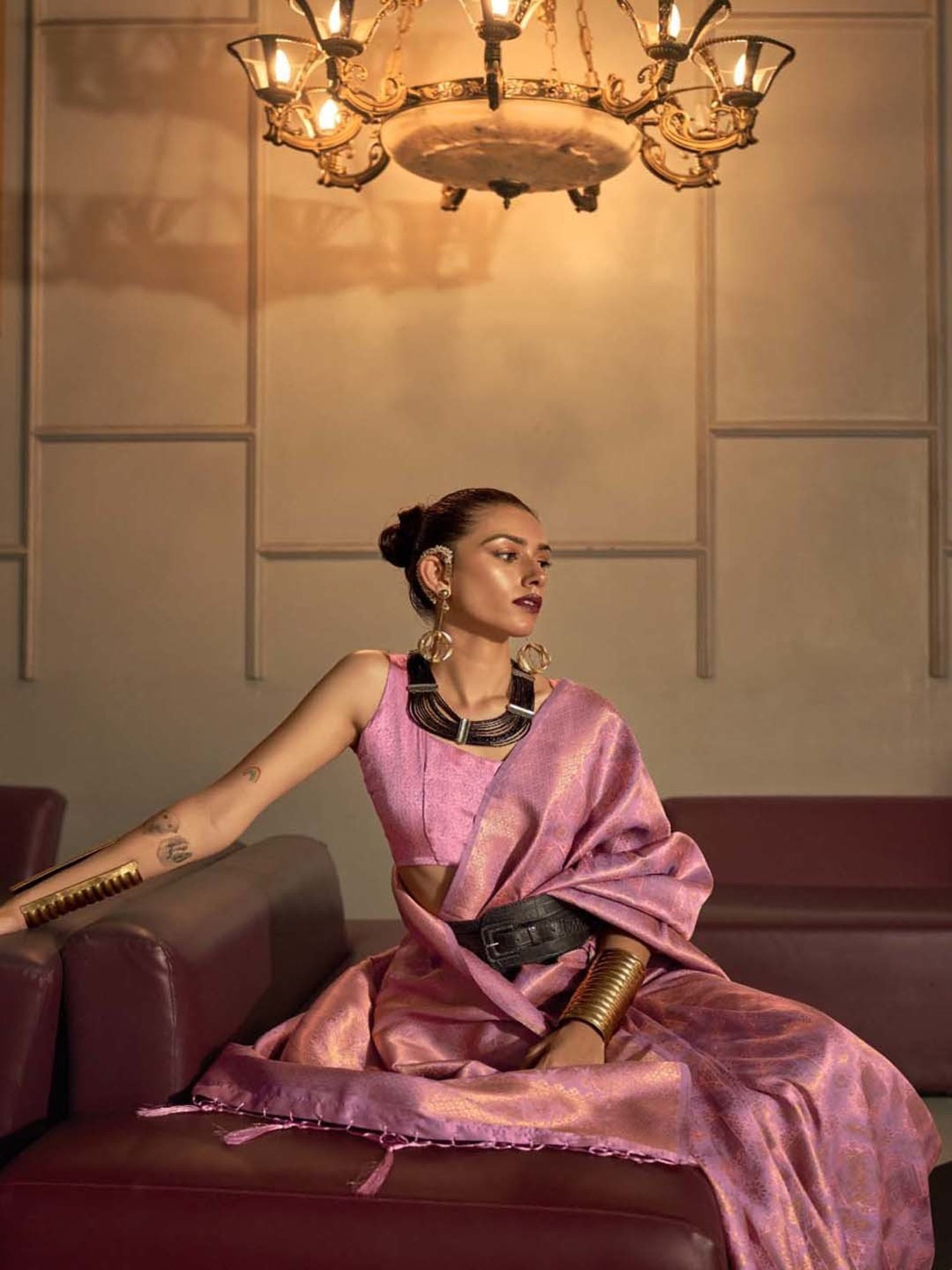 Elora Pink Silk Woven Saree With Unstitched Blouse