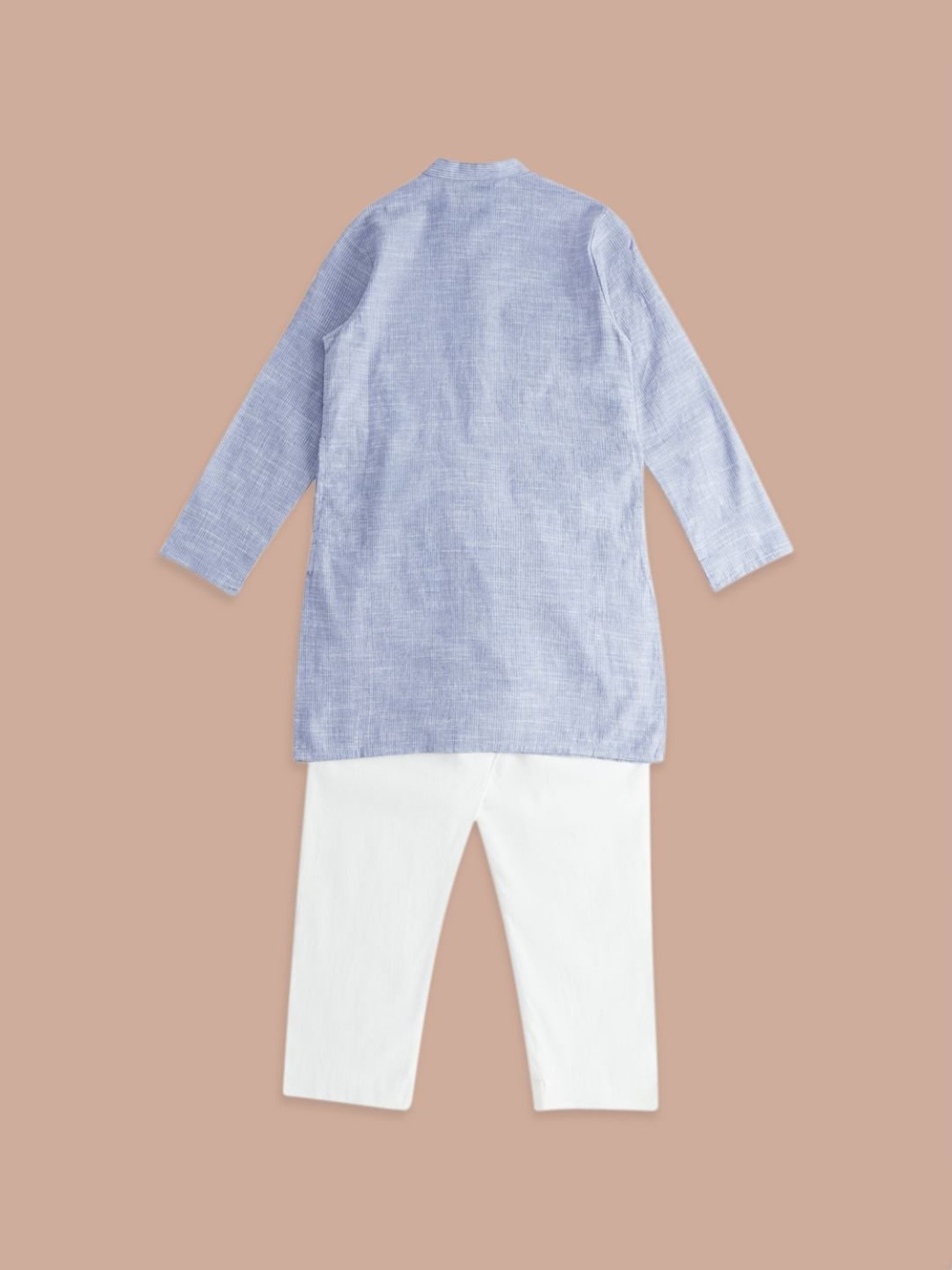 Indus Route by Pantaloons Kids Blue & White Cotton Self Pattern Full Sleeves Kurta Set