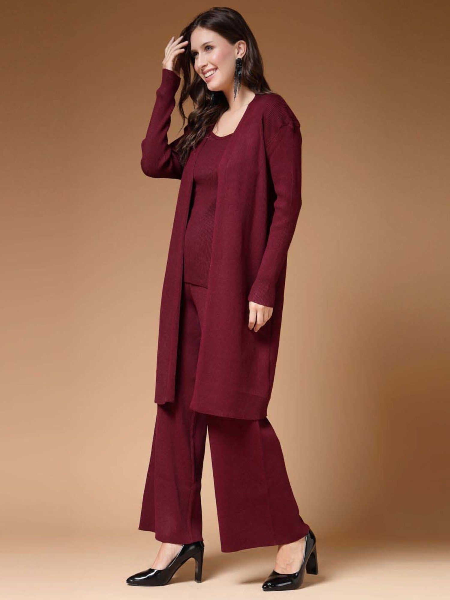 Mafadeny Maroon Plain Top Pants Set With Shrug