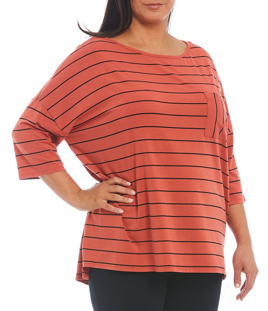 Westbound Plus Size Striped Round Neck 3/4 Sleeve 1 Pocket Tee
