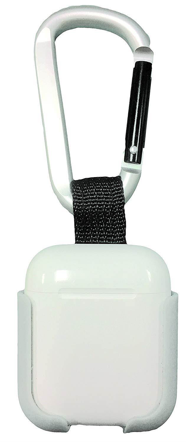 NEW-EARBUDi Clip Case for Apple AirPods | Built in clip Attaches to Belt, Pocket, or Bag | Included Carabineer clips to Most Anything | Included Key Ring Turns your AirPods into a Keychain | White