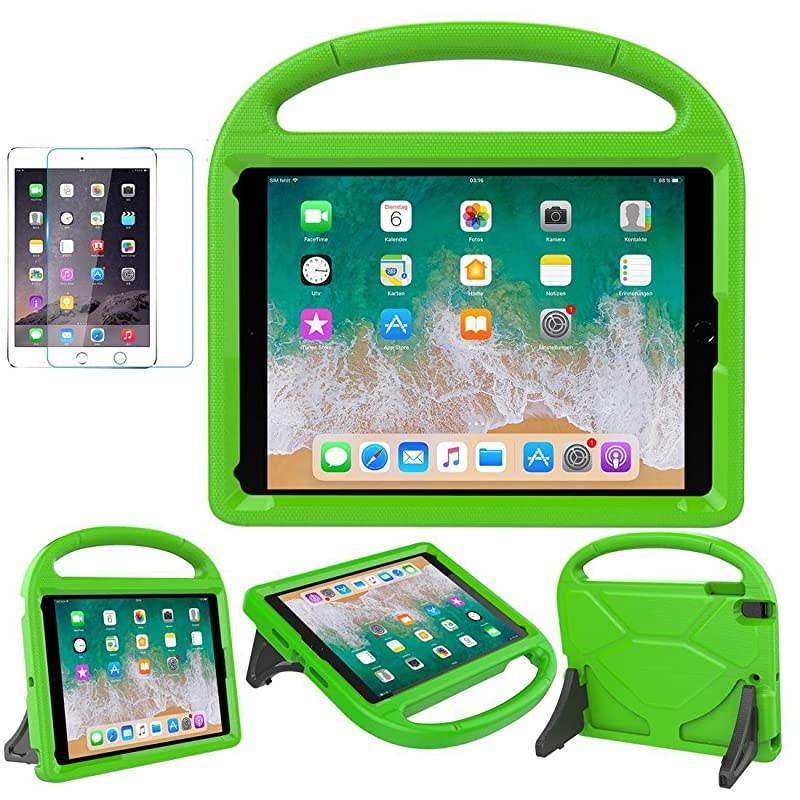 iPad 9.7 2018 2017 / Air 1/2 / Pro 9.7 Case for Kids -  Durable Shockproof Protective Handle Bumper Stand Cover with Screen Protector for iPad 9.7 inch 5th/6th Generation, Green