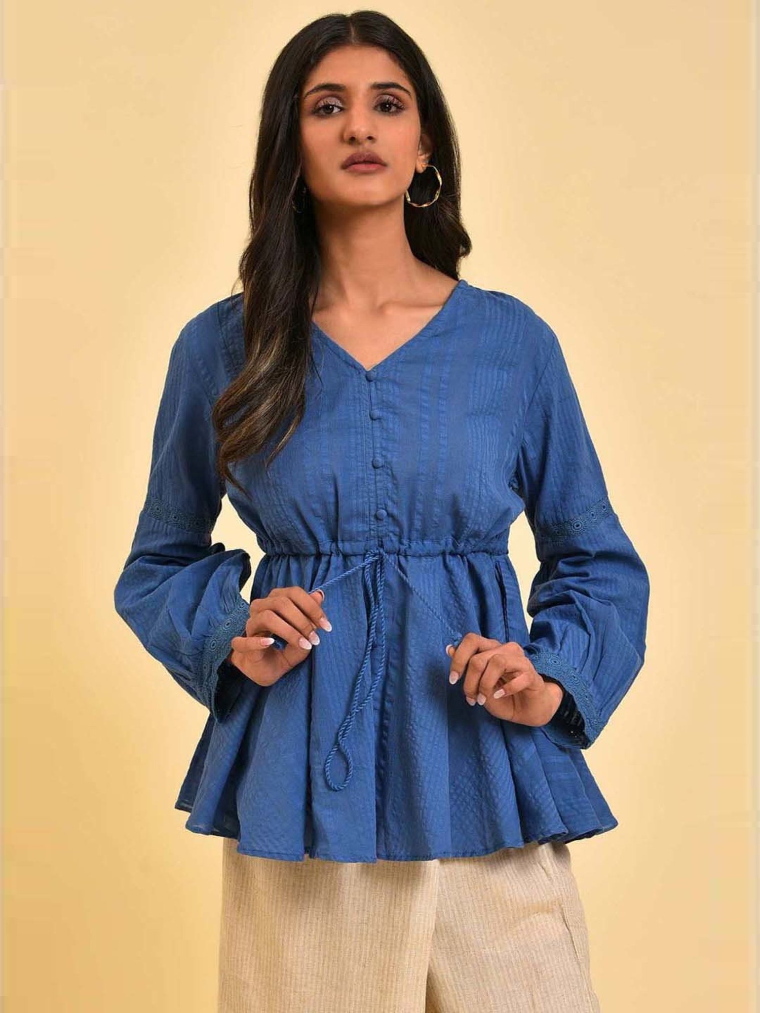 W Blue Cotton Self Pattern Top