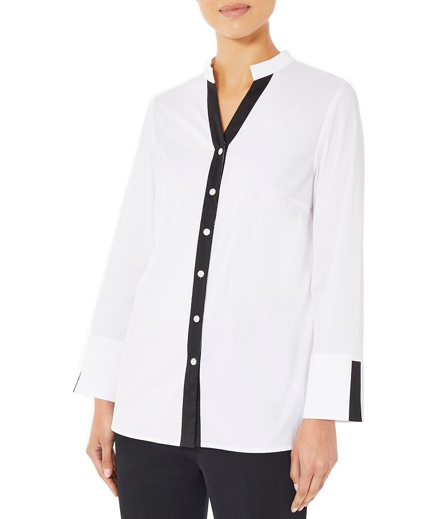 Ming Wang Stretch Cotton Poplin Contrast Trim Mandarin V-Neck Collar Long Cuff Sleeve Shirt