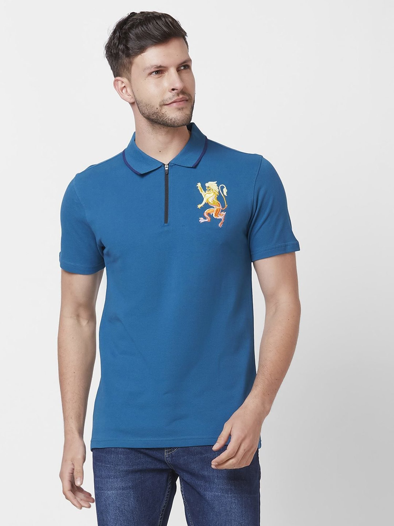 Giordano Blue Cotton Slim Fit Polo T-Shirt