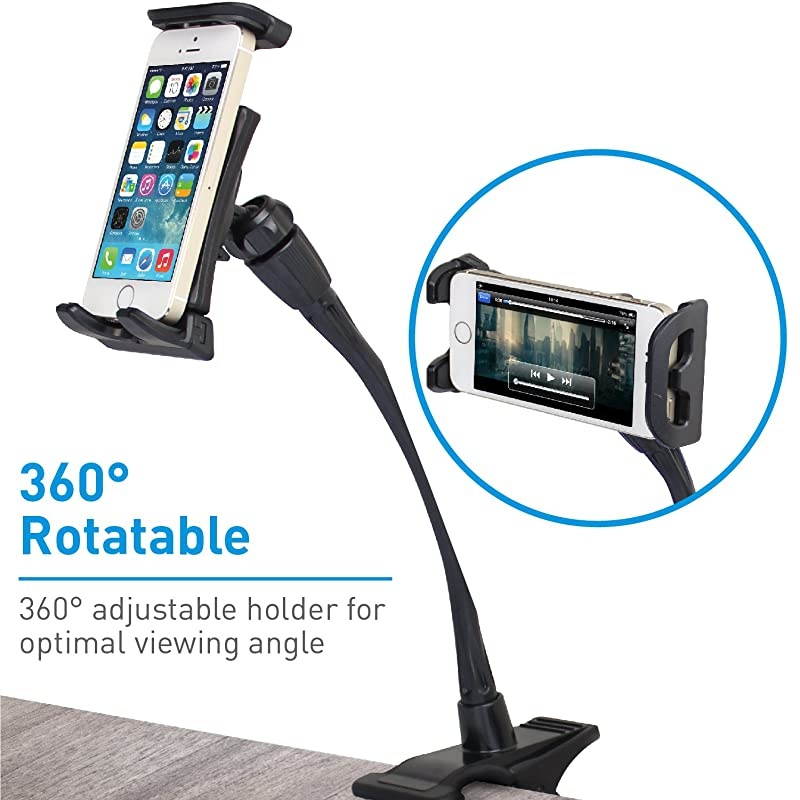 Adjustable Gooseneck Tablet Holder Phone Clip Works with Phones Tablets up to 8 Flexible Phone Holder Tablet Mount with Clip On Clamp for Desks up to 175 Thick CLIPMOUNTBlack