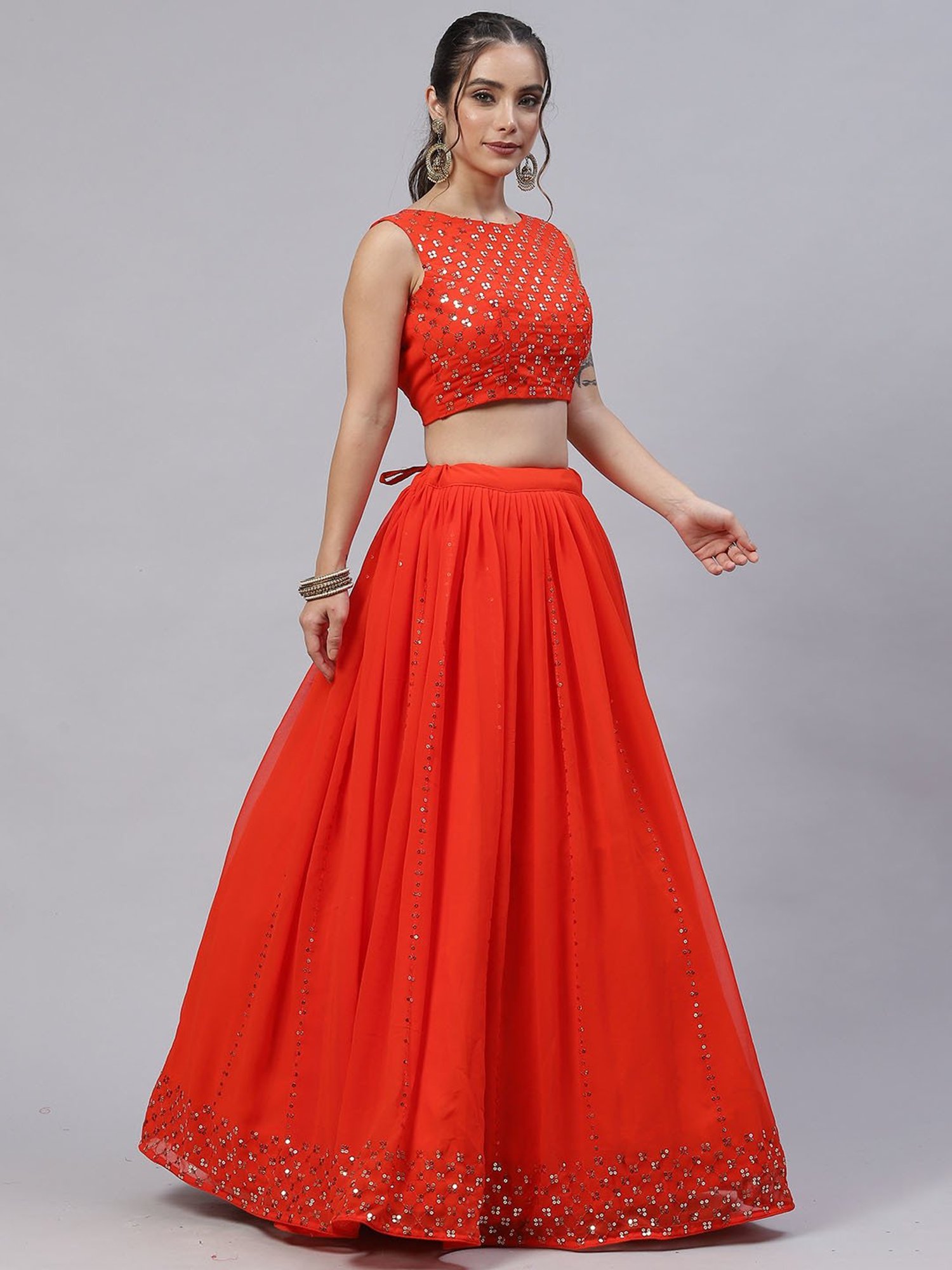 SHUBHKALA Orange Embellished Lehenga Choli Set With Dupatta
