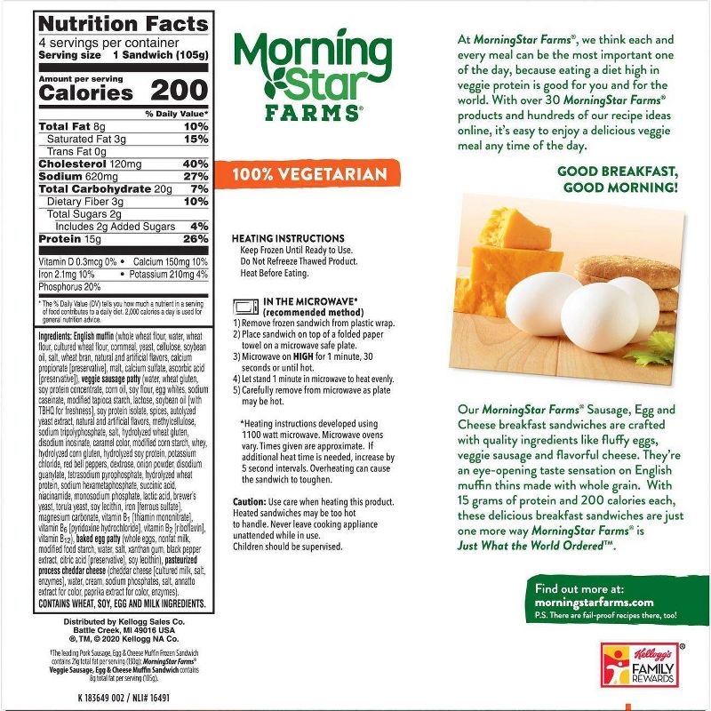 Morningstar Farms Veggie Sausage Egg Cheese Breakfast Frozen Sandwich - 14.8oz