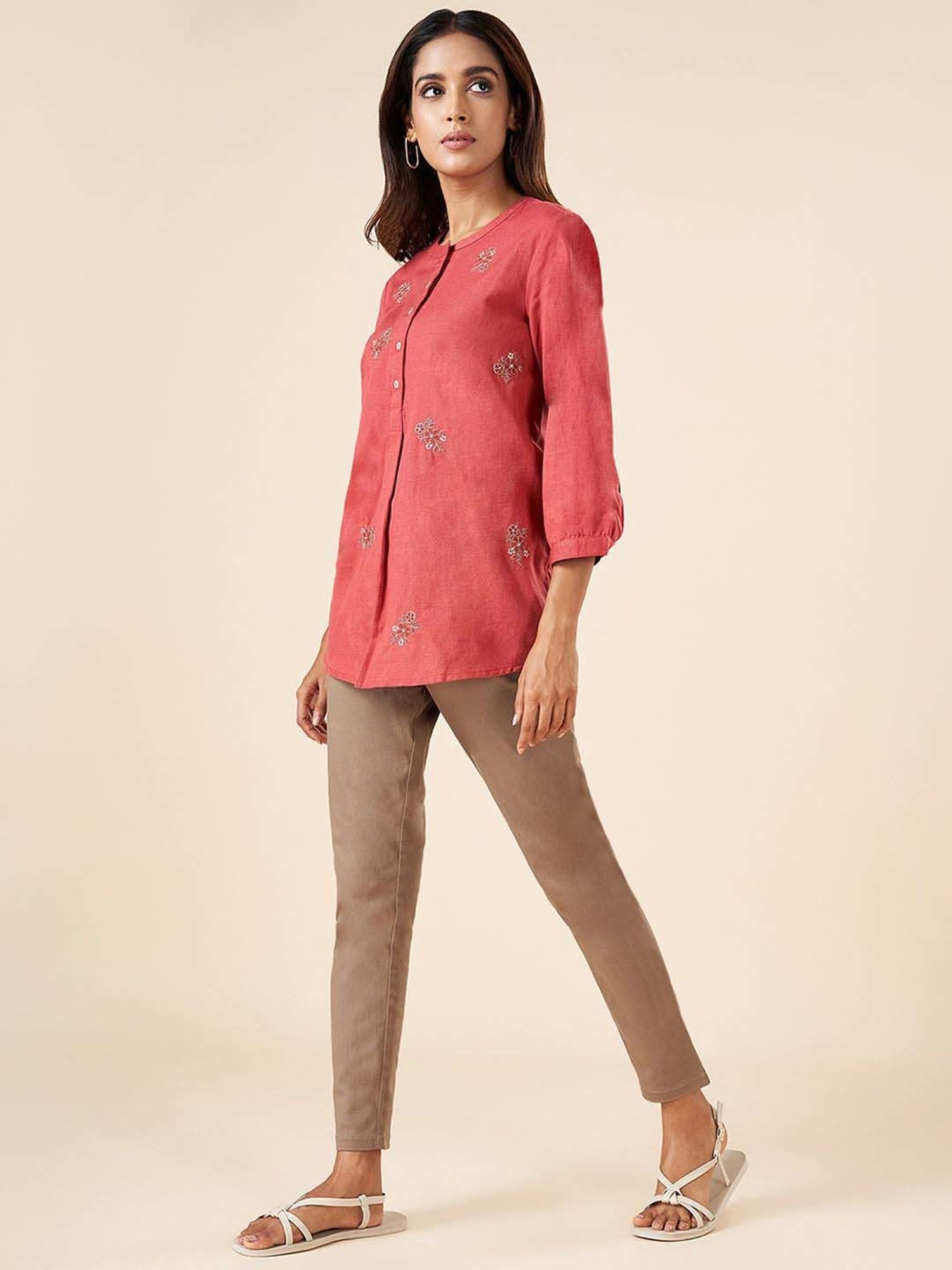 Akkriti by Pantaloons Rust Cotton Embroidered Tunic