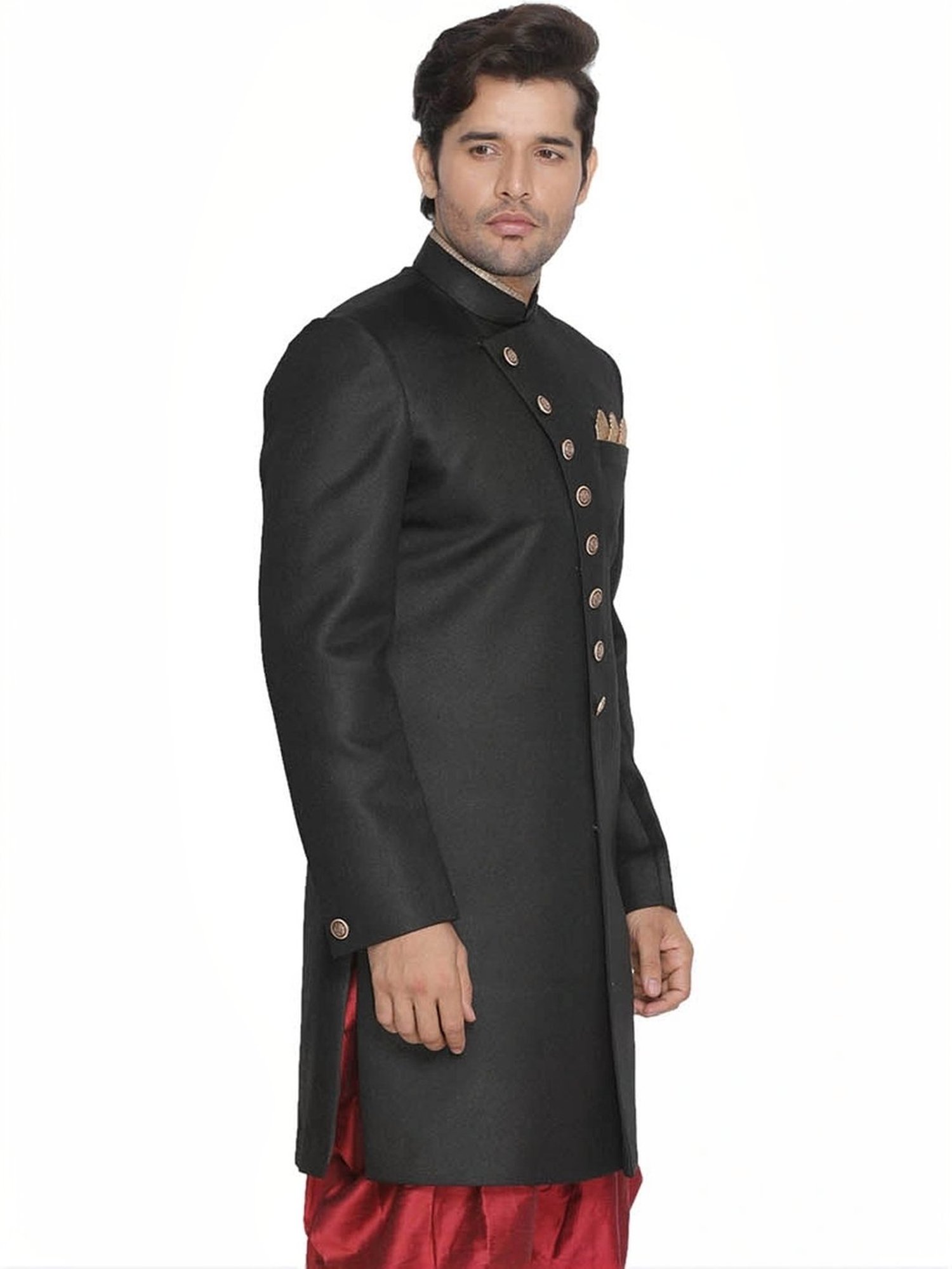 Vastramay Black &Red Regular Fit Sherwani Jacket