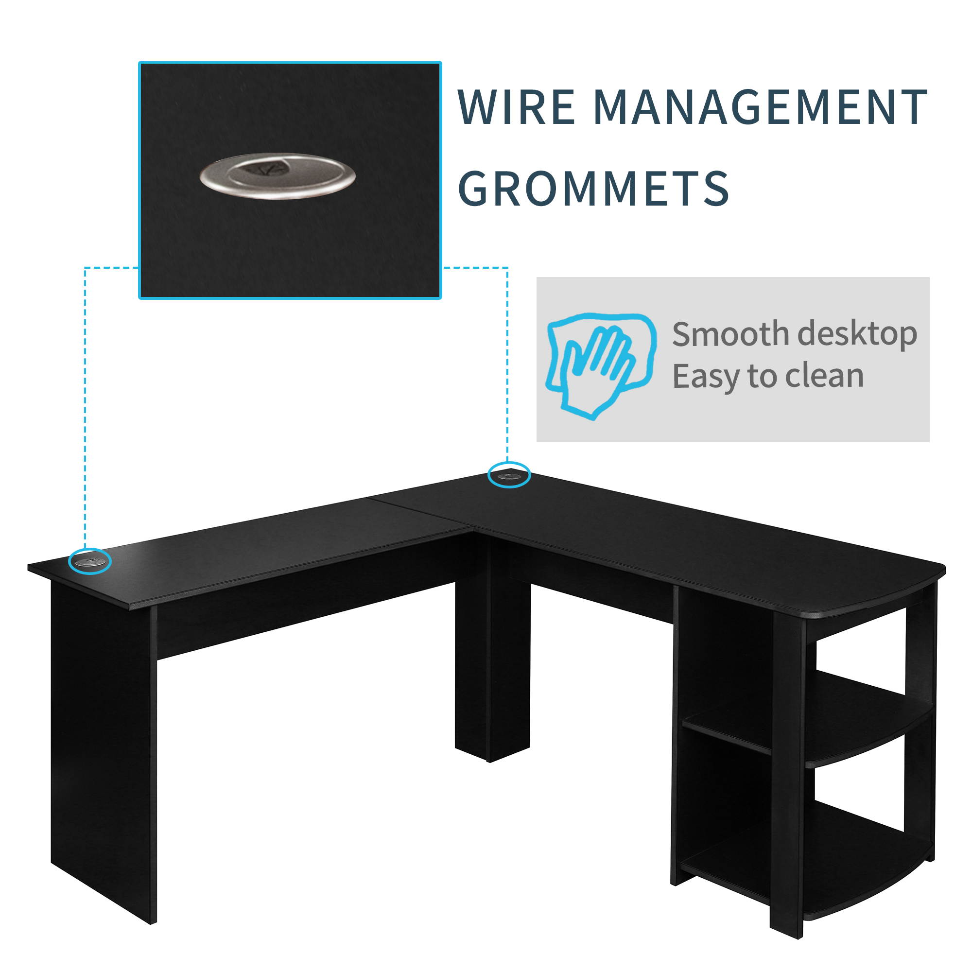 L-Shaped Corner Desk Gaming Desk Home Office Desk Computer Desk Study Workstation Furniture PC Table Writing Table with 2 Open Storage Bookshelves No Tool Assemble Required Black