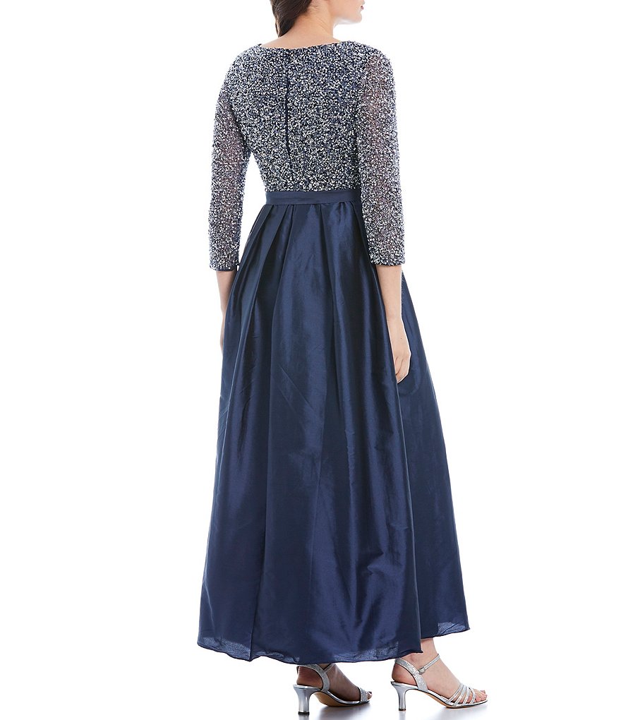 Pisarro Nights Petite Size Round Neck 3/4 Sleeve Beaded Bodice Taffeta Gown