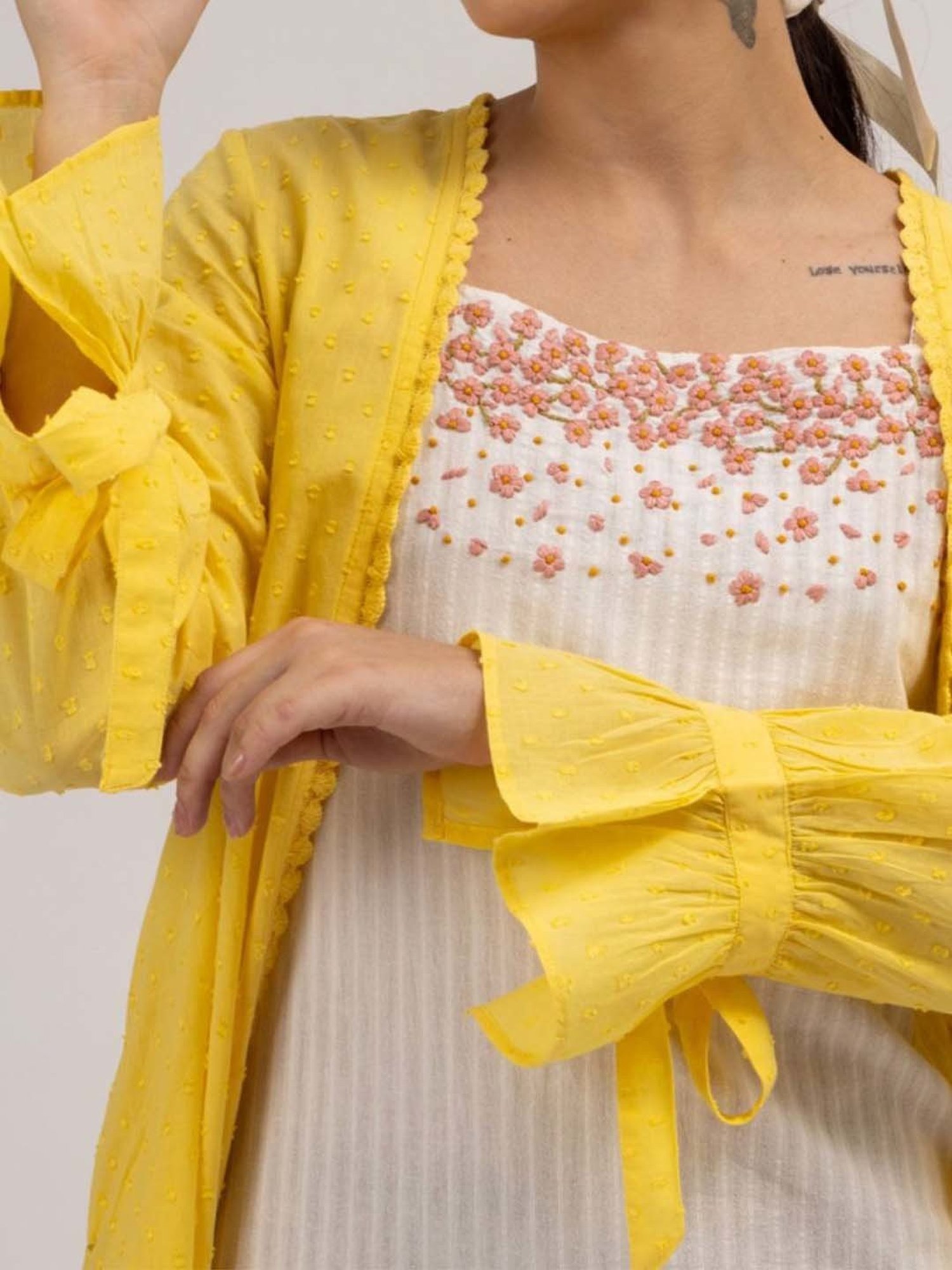 Mushio Yellow Camilla Crochet Lace Detail Cotton Dobby Overlay With Sleeve Tie Ups