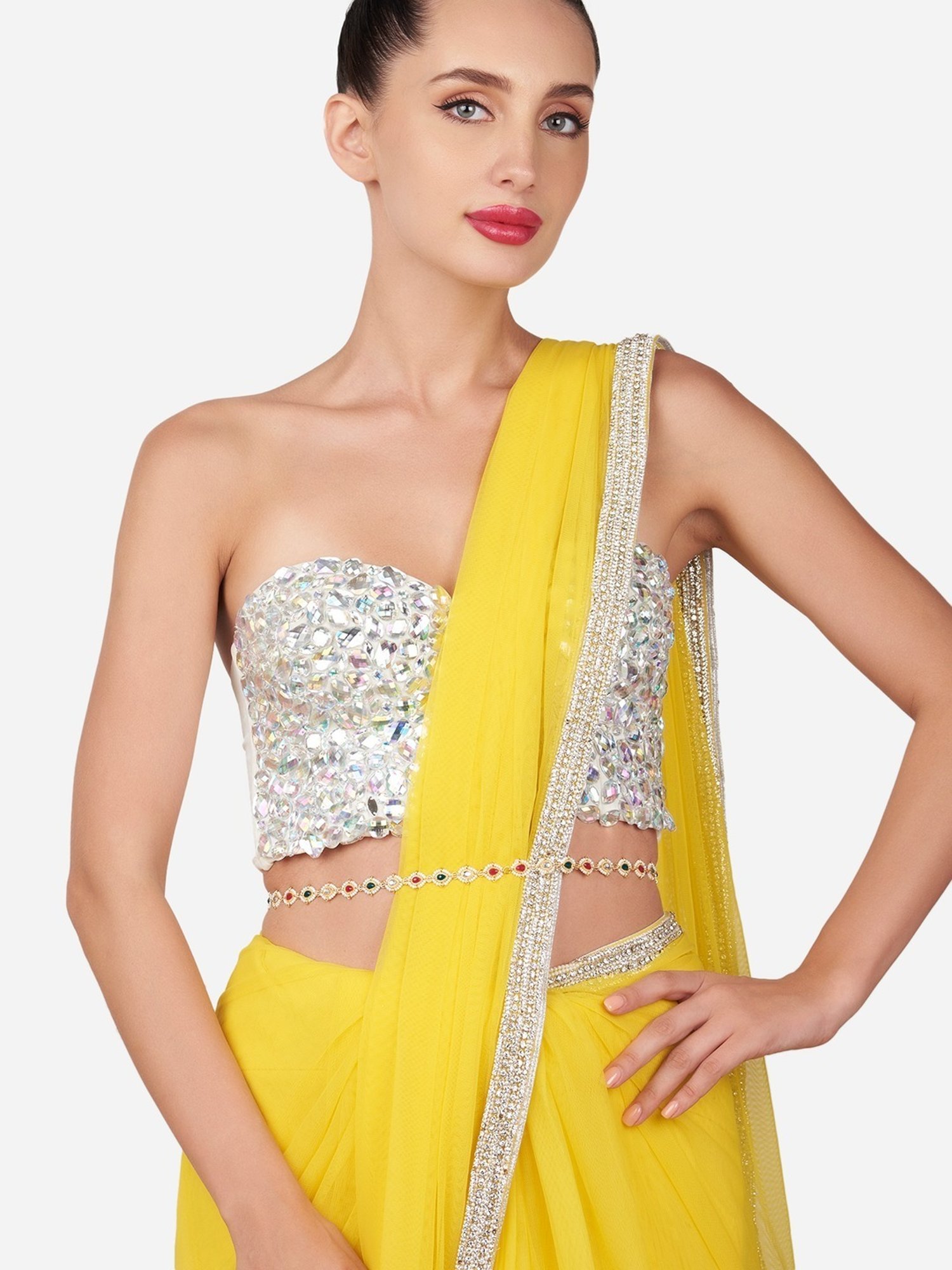 Zaveri Pearls Green Pink Teardrop Stones Embellished Sleek Bridal Kamarbandh-ZPFK16127