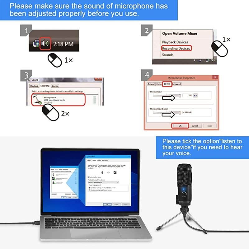 USB Microphone for Computer PC Condenser Recording Microphone with Laptop Desktop Windows MacProfessional Plug Play Mic Kit for Streaming Podcasting Gaming YouTube Skype Zoom Twitch