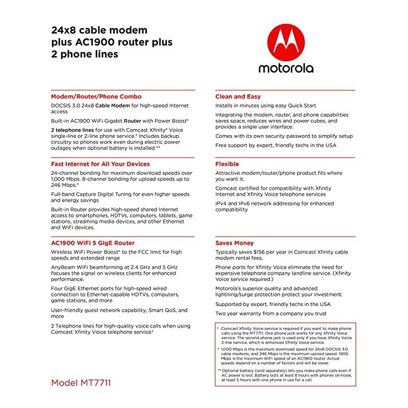 MT7711 24X8 Cable Modem/Router with Two Phone Ports, DOCSIS 3.0 Modem, and AC1900 Dual Band WiFi Gigabit Router, for Comcast XFINITY Internet and Voice