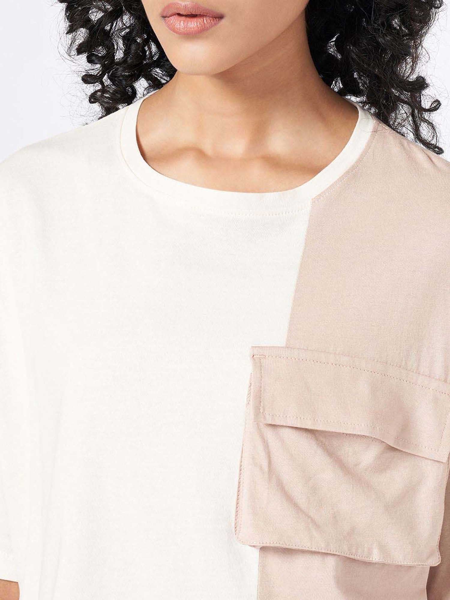 Ajile by Pantaloons White & Pink Cotton Color-Block T-Shirt