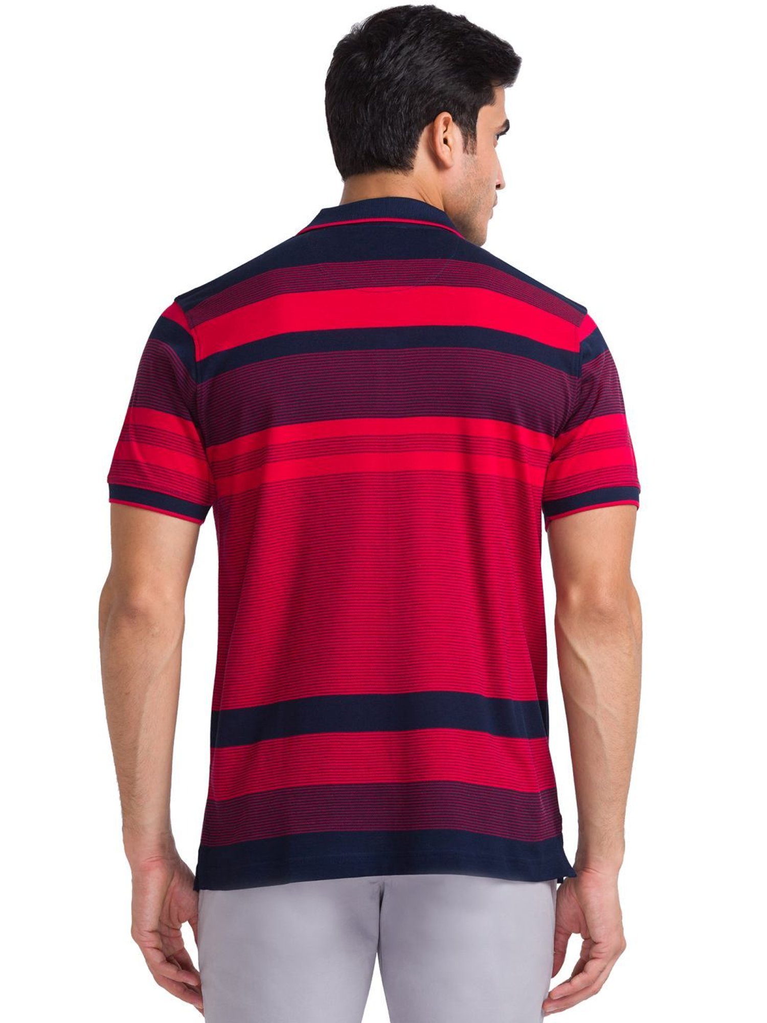 ColorPlus Red Cotton Tailored Fit Striped Polo T-Shirt