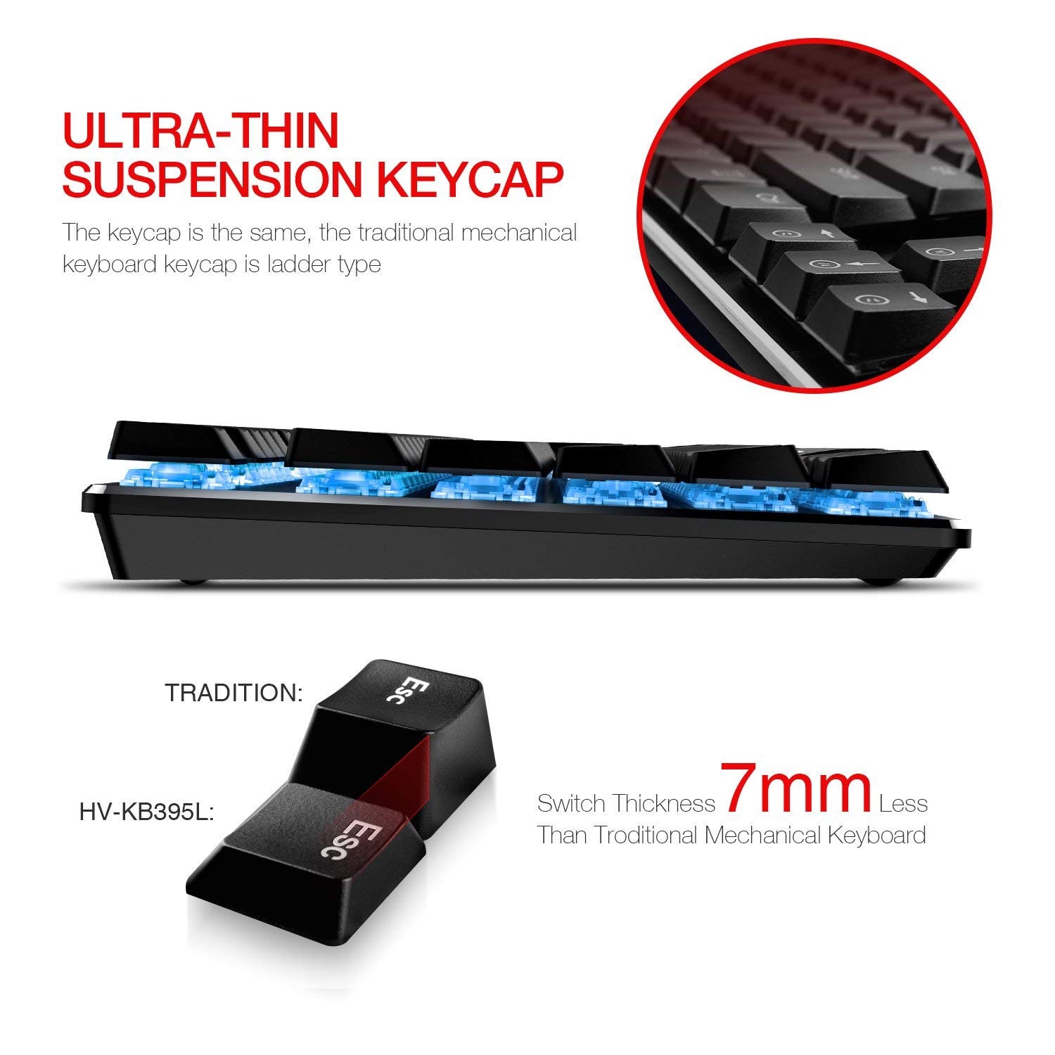 Mechanical Keyboard HAVIT RGB Backlit Wired Gaming Keyboard Extra-Thin & Light, Kailh Latest Low Profile Blue Switches, 104 Keys N-Key Rollover HV-KB395L (Black)