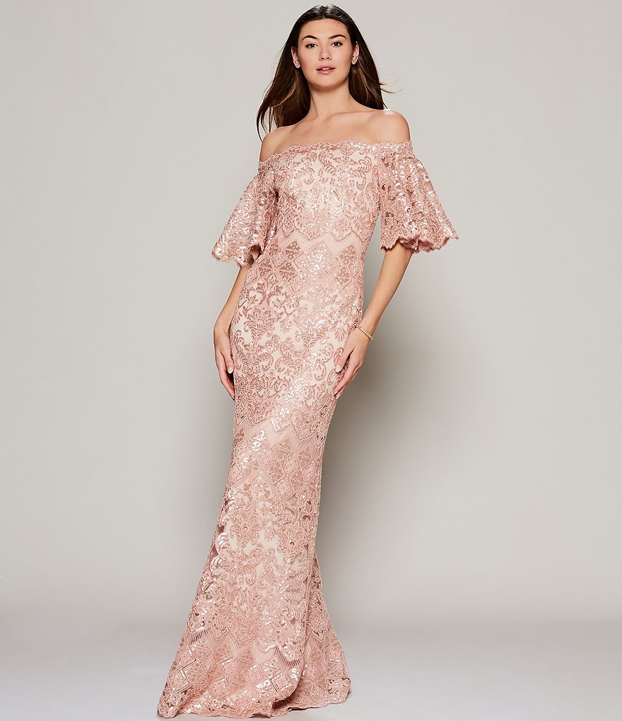 Tadashi Shoji Off-the-Shoulder Sequin Lace Scalloped Hem Gown