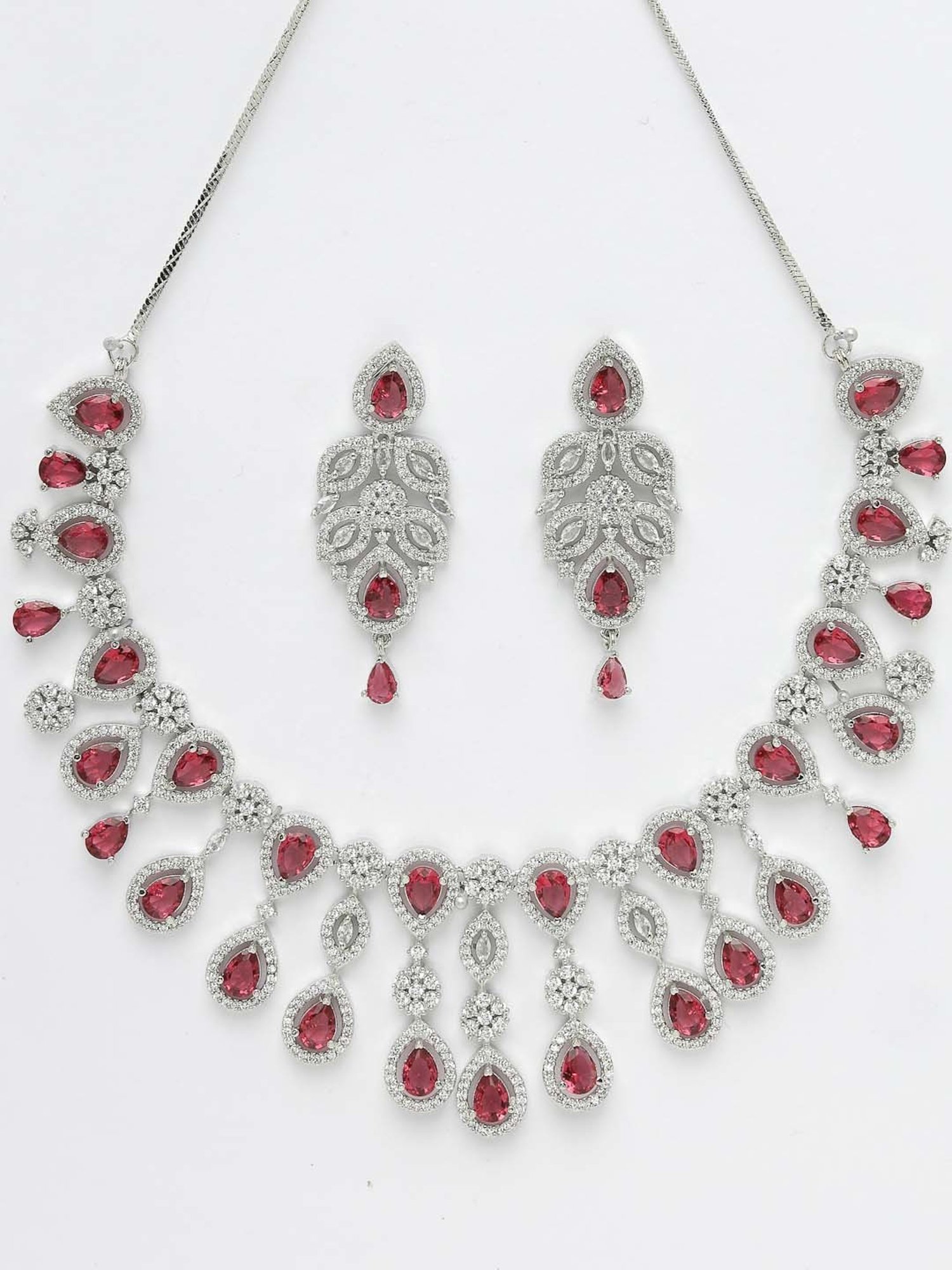NVR Silver Plated Maroon CZ Stone Handcrafted Jewellery Set For Women