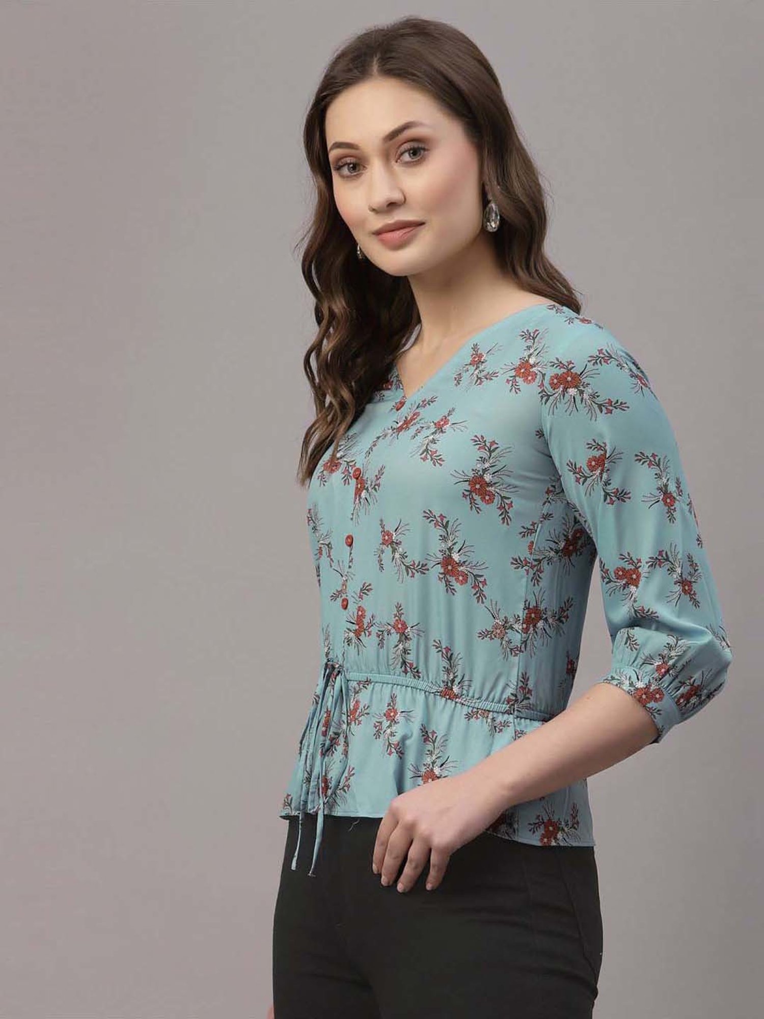 SELVIA Sky Blue Printed Top