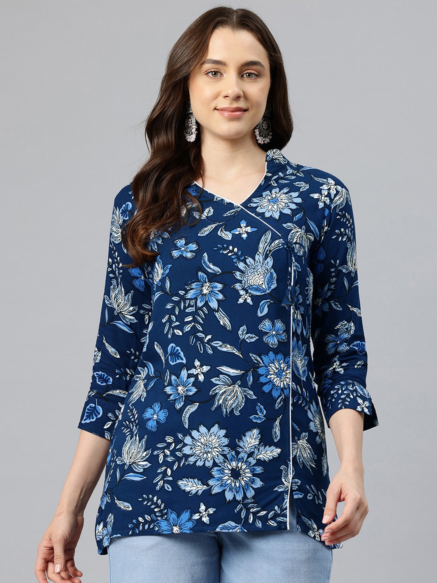One Femme Dark Blue Floral Print Angrakha Kurti