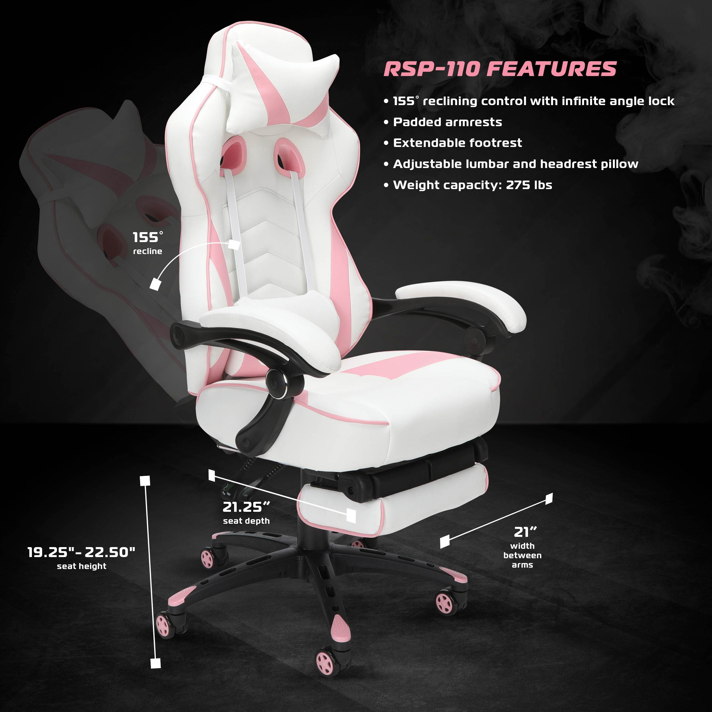 RESPAWN 110 Racing Style Gaming Chair, Reclining Ergonomic Leather Chair with Footrest, in White (RSP-110-WHT)