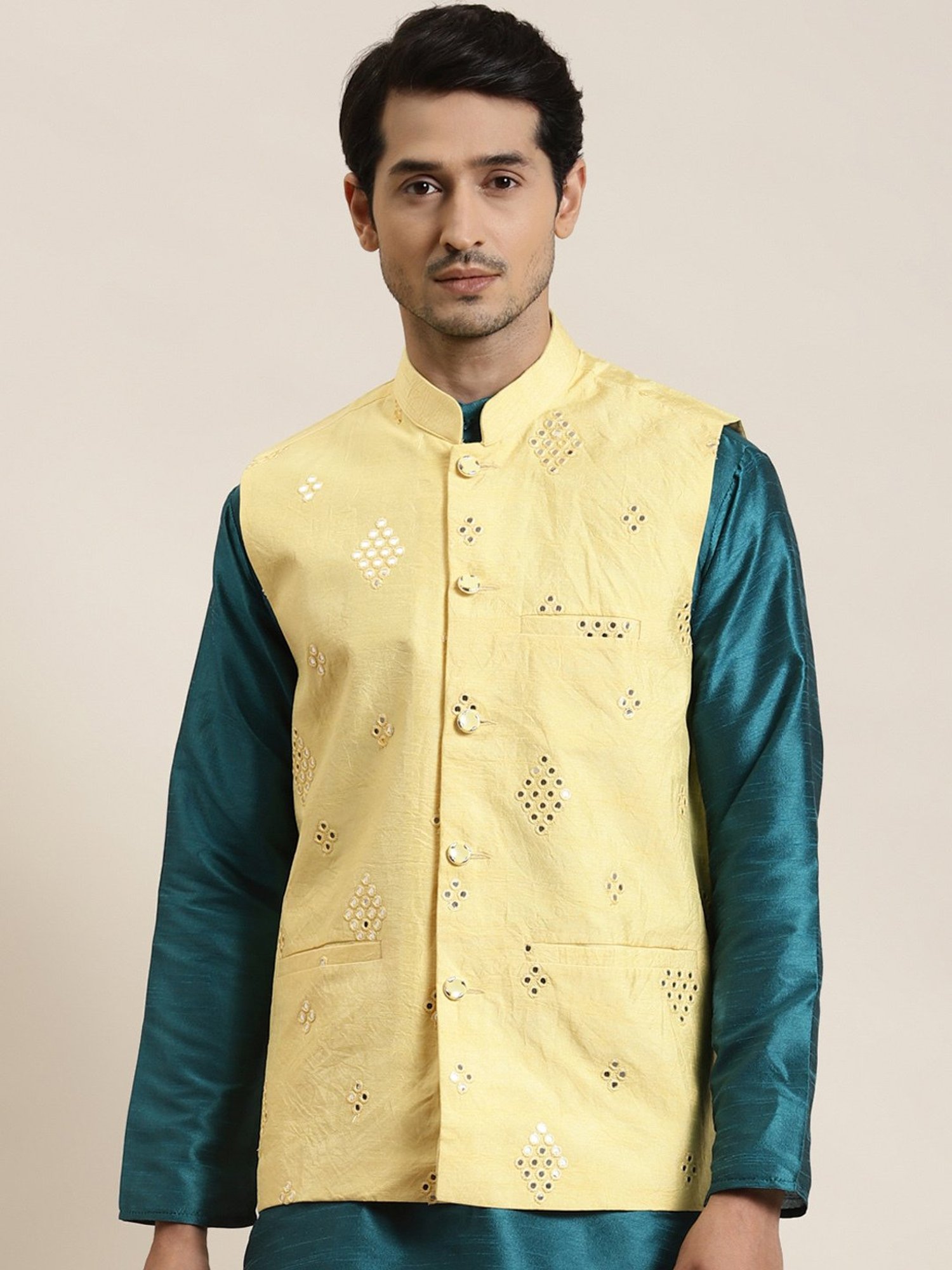 Sojanya Yellow Regular Fit Self Pattern Nehru Jacket