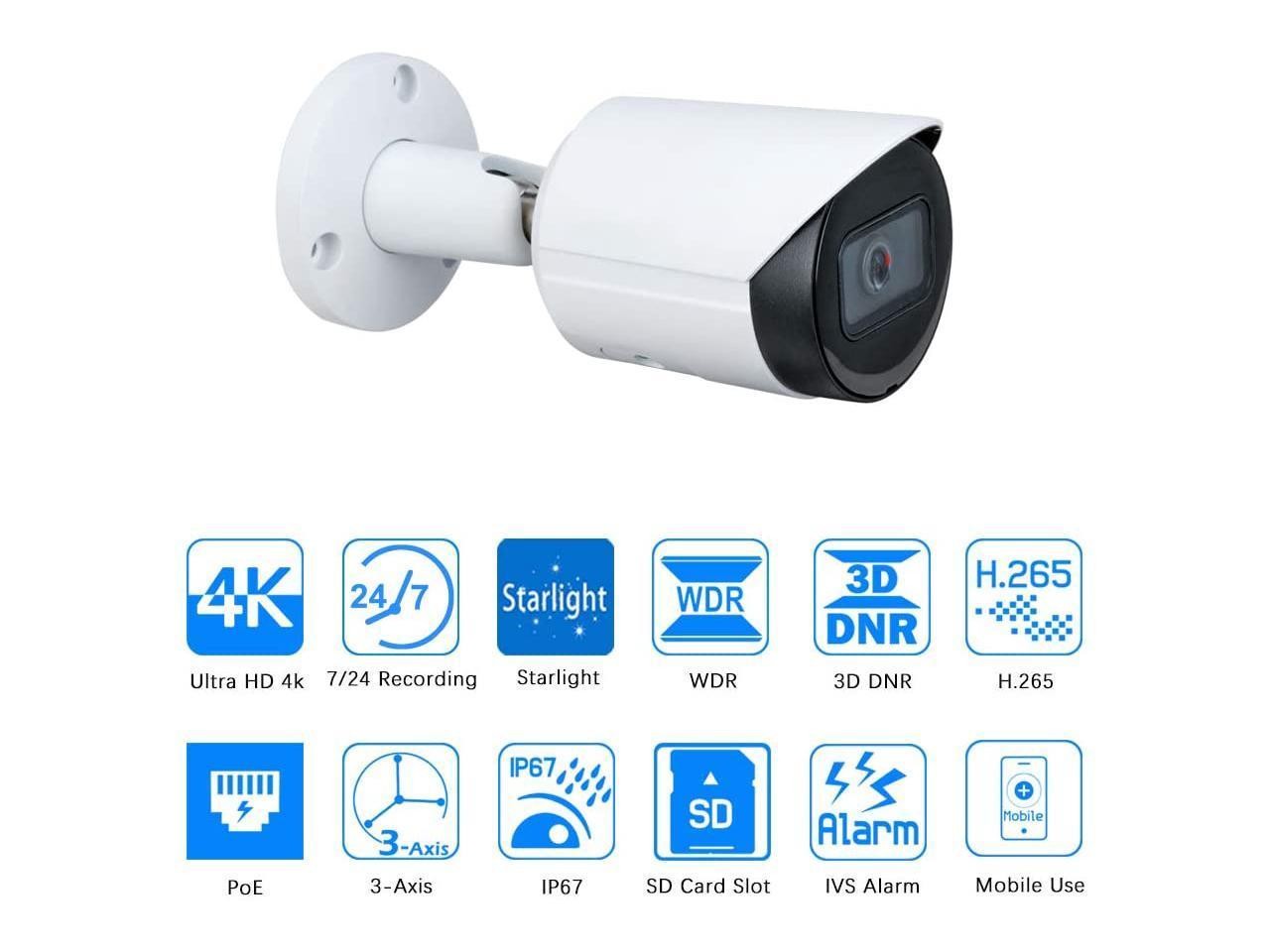 8MP PoE Security IP Camera - OEM IPC-HFW2831S-S-S2 2.8mm, Ultra HD 4K Starlight Mini Bullet Outdoor Network Camera Video Surveillance with 98ft Night Vision,SD Card Slot,H.265,IP67