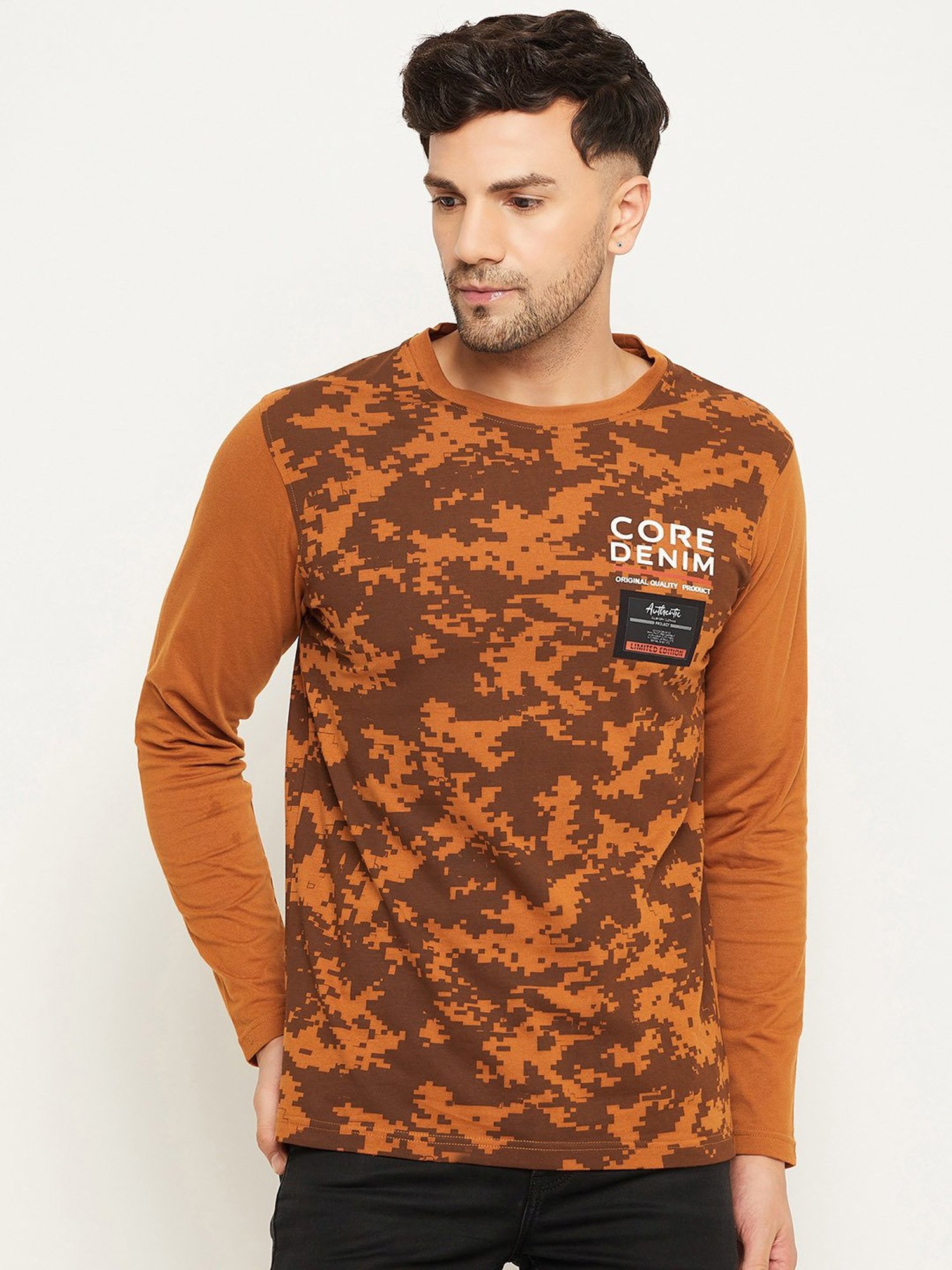 Club York Brown Regular Fit Printed Crew T-Shirt