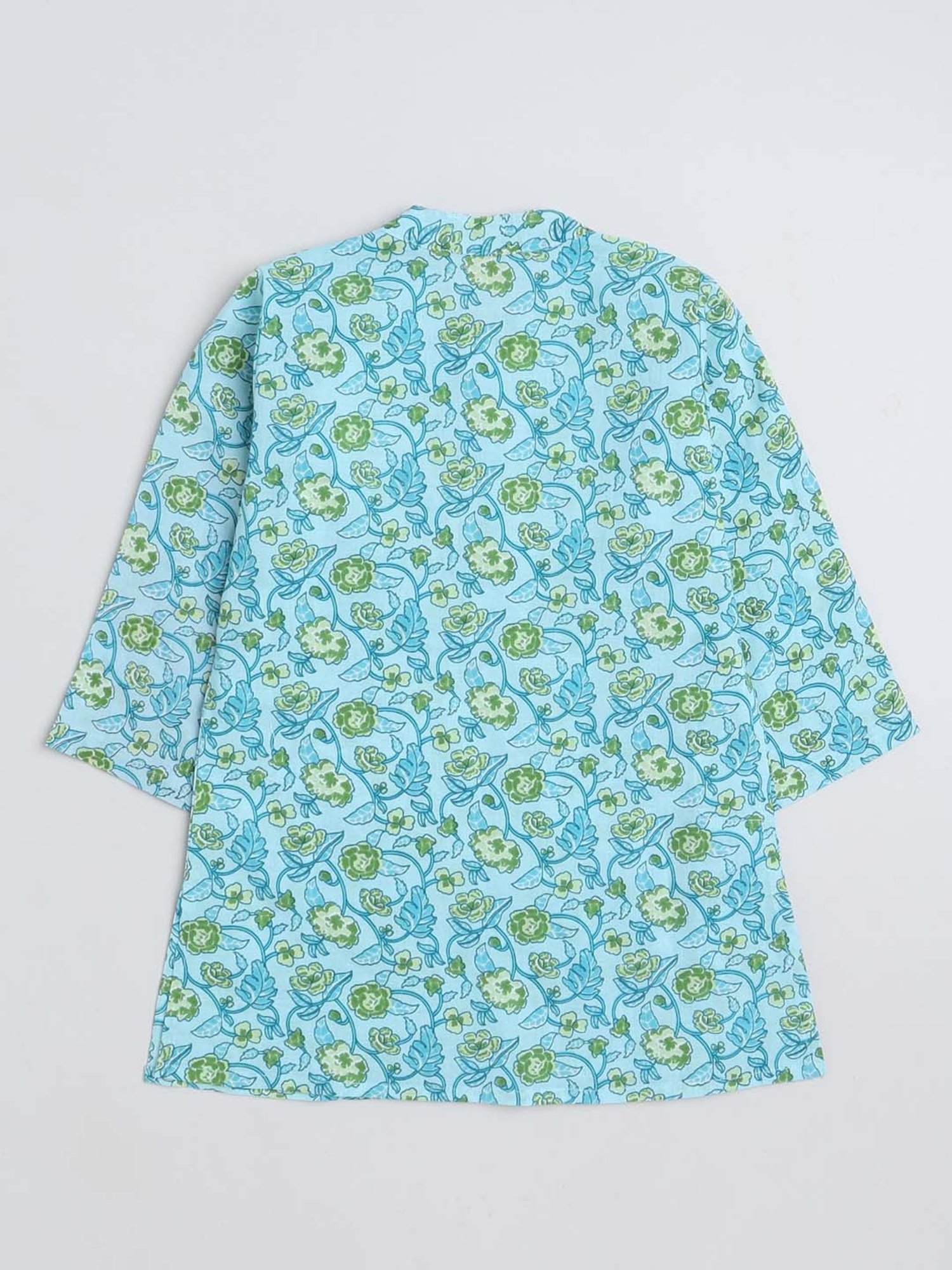 The Magic Wand Kids Turquoise Blue & White Cotton Floral Print Full Sleeves Kurta Set