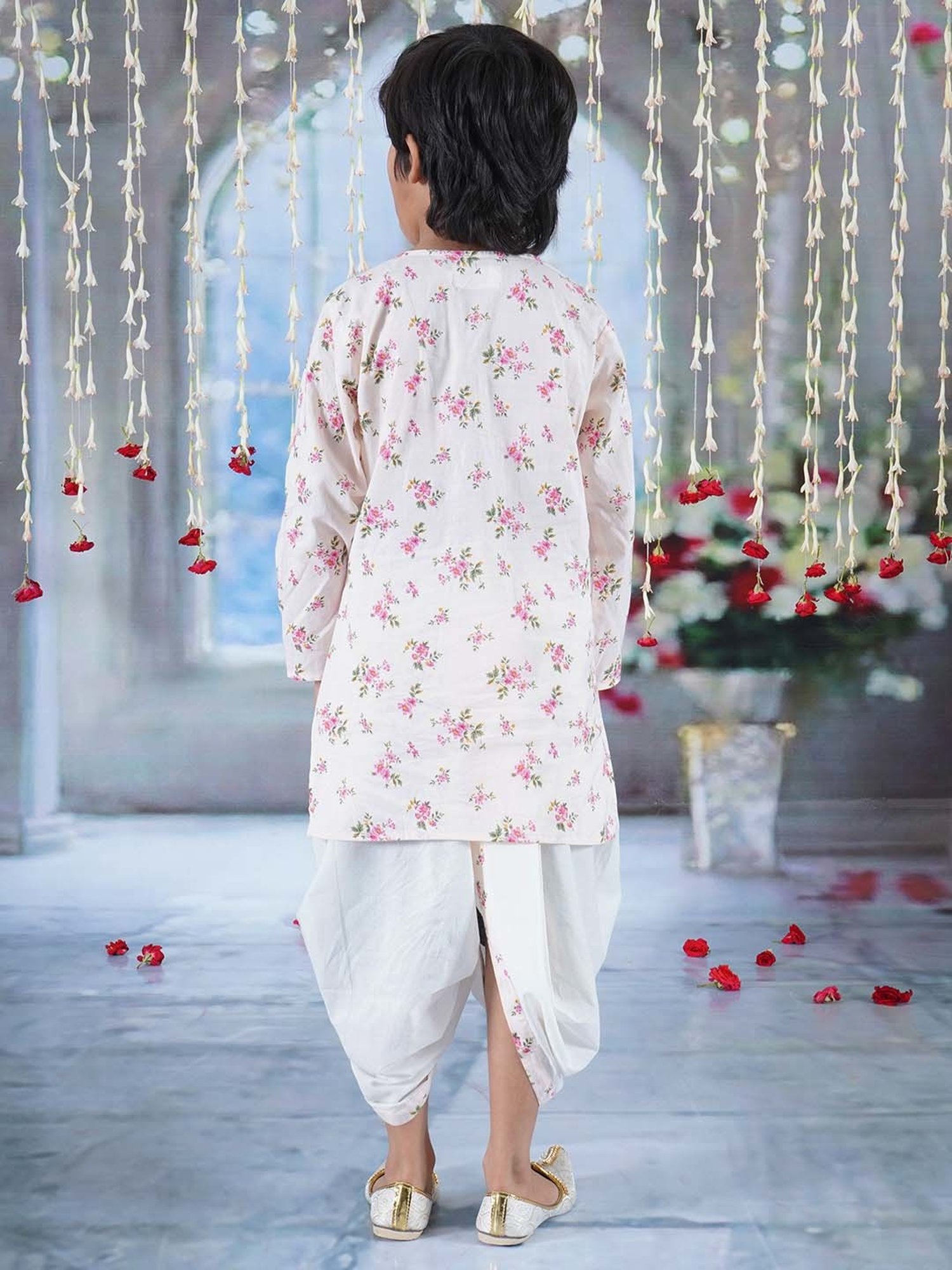 Little Bansi Pink & White Cotton Floral Print Full Sleeves Kurta Set
