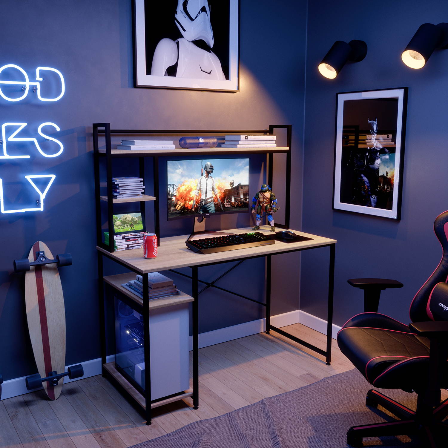 Bestier Computer Desk with Hutch and Shelves 47 Inch, Adjustable Storage Bookshelf Home Office Study Working Table Workstation for Small Space and Bedroom, Modern College Student Desks, Oak