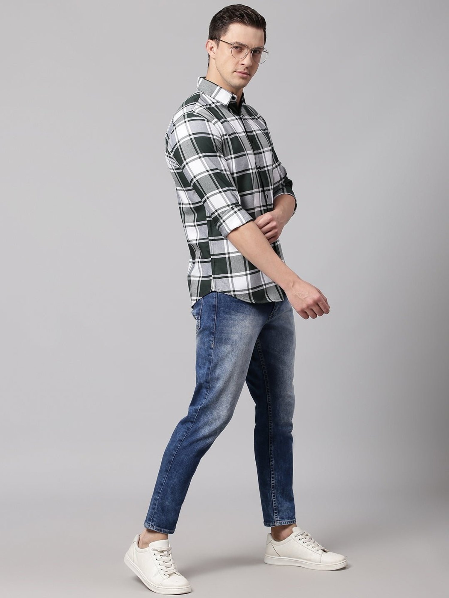 Dennis Lingo Green & White Cotton Slim Fit Checks Shirt