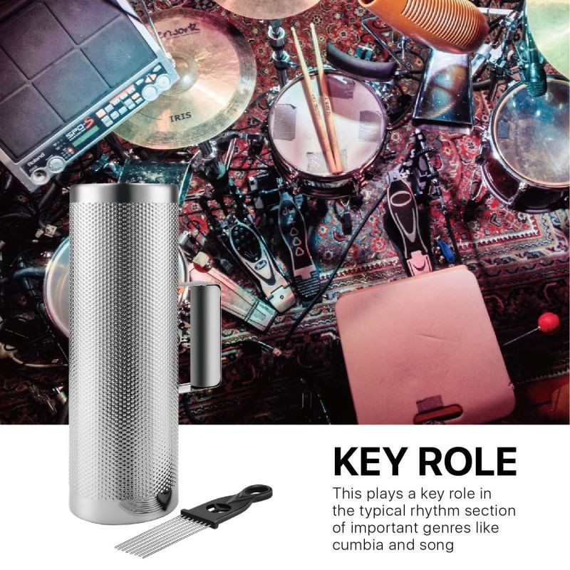 Metal Guiro with Scraper Shack 4" x 12" - Round Cylinder Stainless Steel Latin Hand Percussion Instrument with Handle Guiro Musical Training Tool for Jazz Bands, Concerts, Live Performance