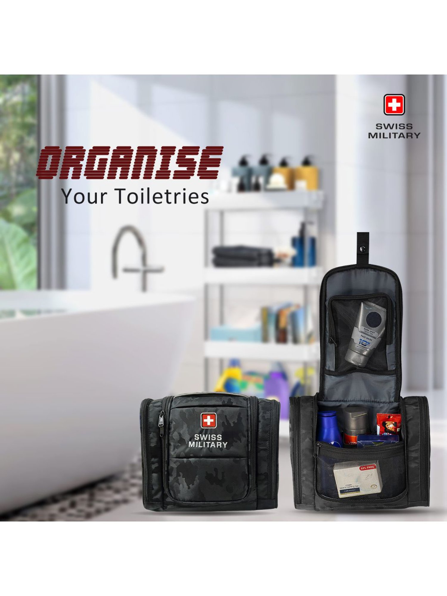Swiss Military Black Printed Toiletry Bag