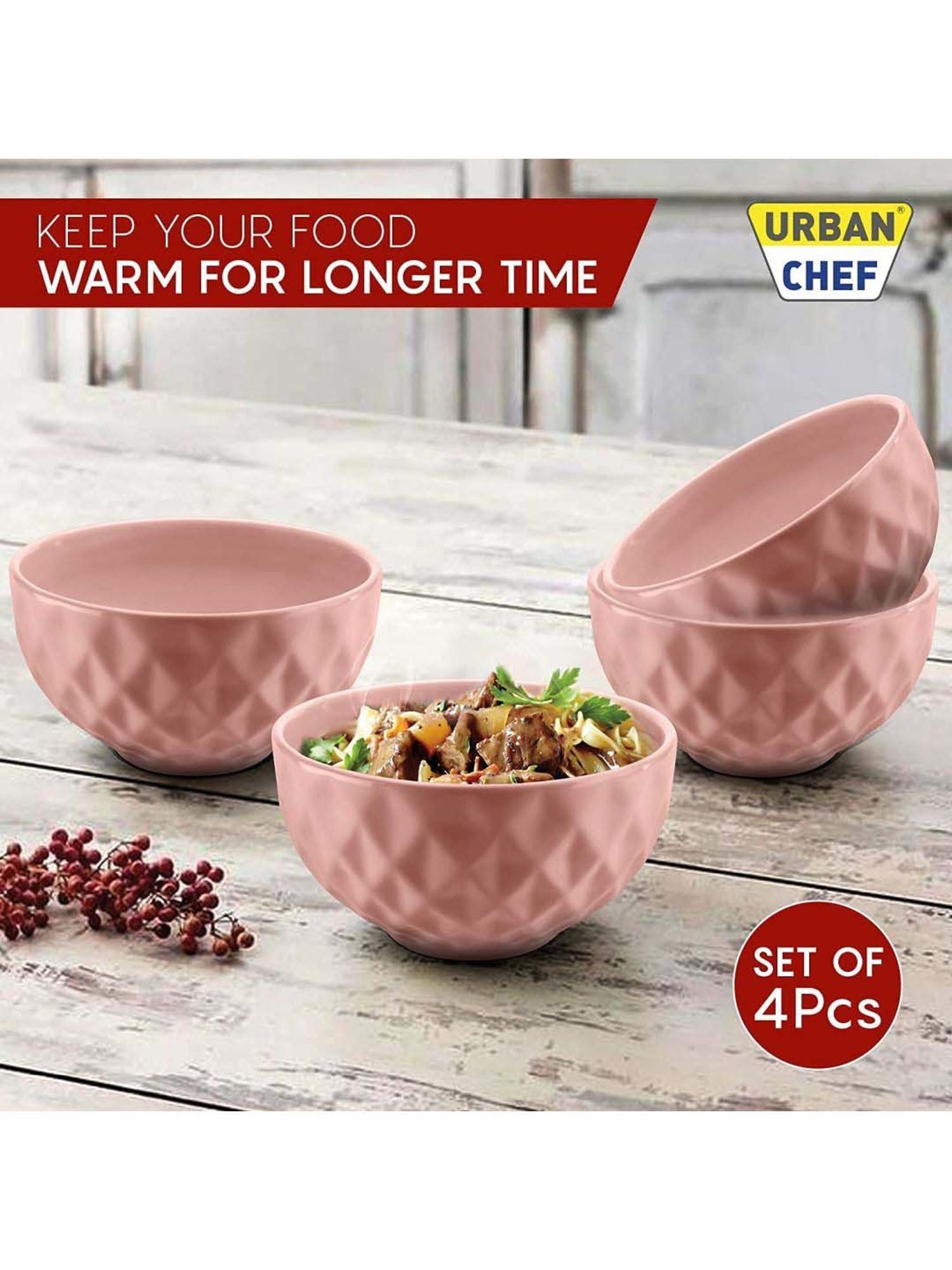 Urban Chef Pink Ceramic Handcrafted Microwave Safe Bowl (0.5 L) - Set of 4