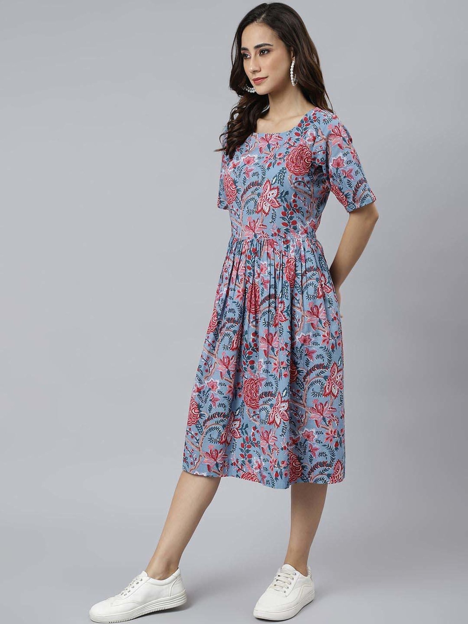 Janasya Blue Cotton Floral Print A-Line Dress