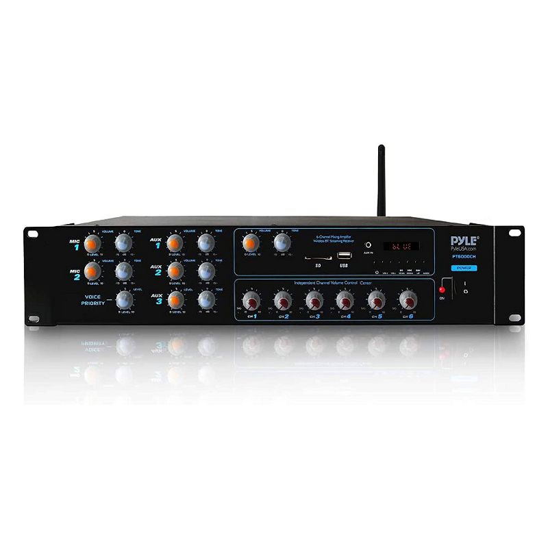 Pyle PT6000CH 4200 Watt 6 Channel Wireless Bluetooth Multi Zone Audio Amplifier Stereo Receiver Sound System with Microphone Inputs and Remote Control