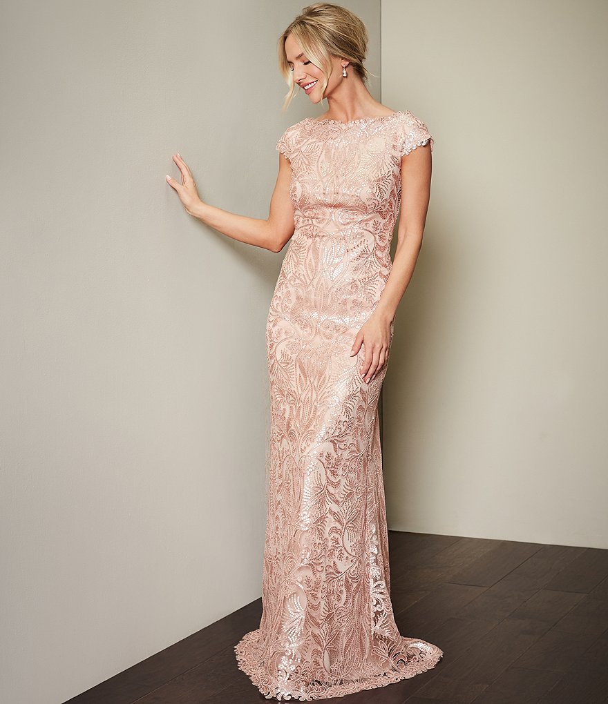 Tadashi Shoji Sequin Lace Off-the-Shoulder Cap Sleeve A-Line Gown