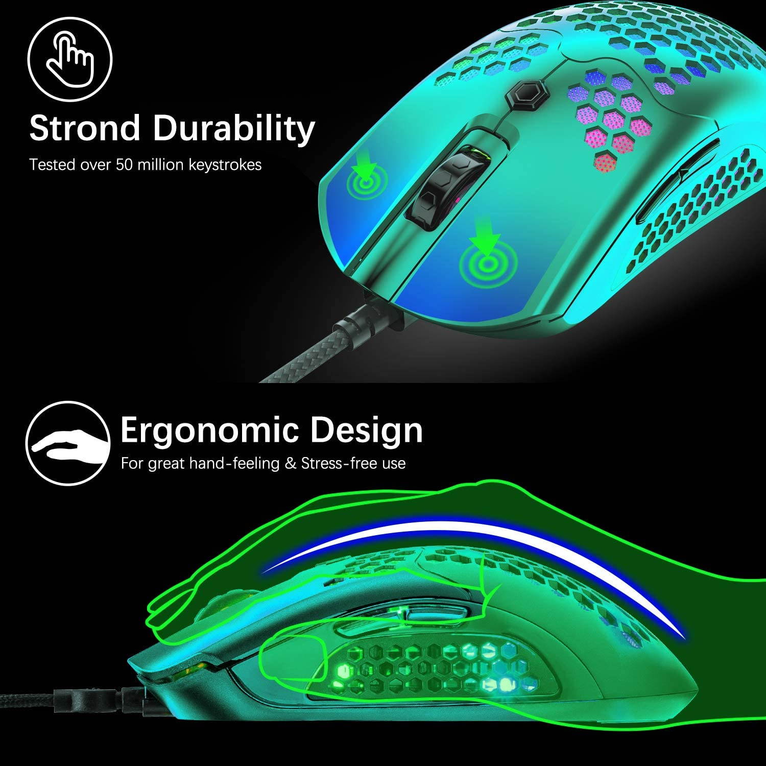 Wired Lightweight Gaming Mouse,26 RGB Backlit Mice with 7 Buttons Programmable Driver,PAW3325 12000DPI Mice,Ultralight Honeycomb Shell Ultraweave Cable Mouse for PC Gamers and Xbox and PS4 Users