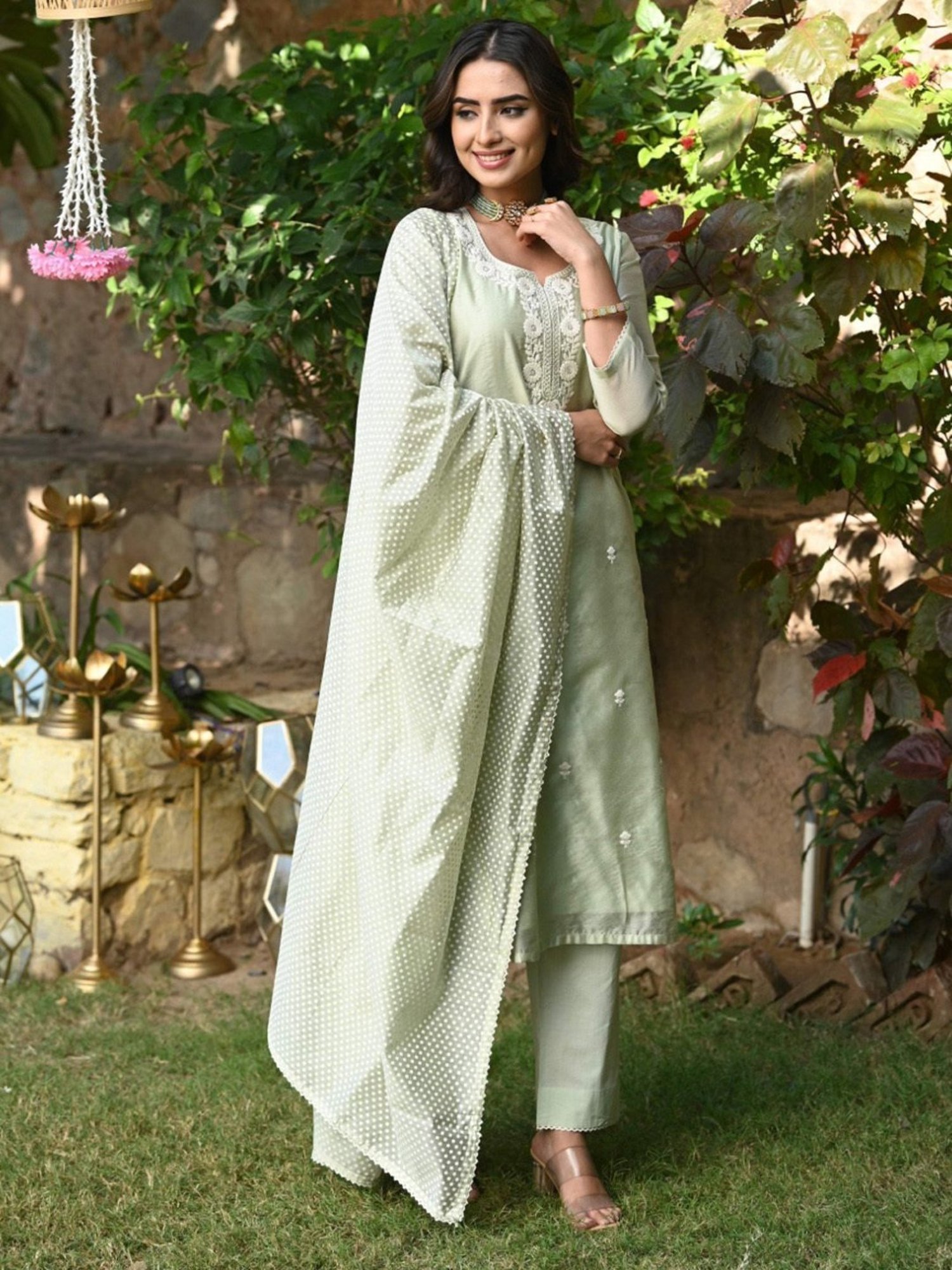Mahee Jaipur Aquamarine Pistachio Green Chanderi Kurta With Pant And Dupatta