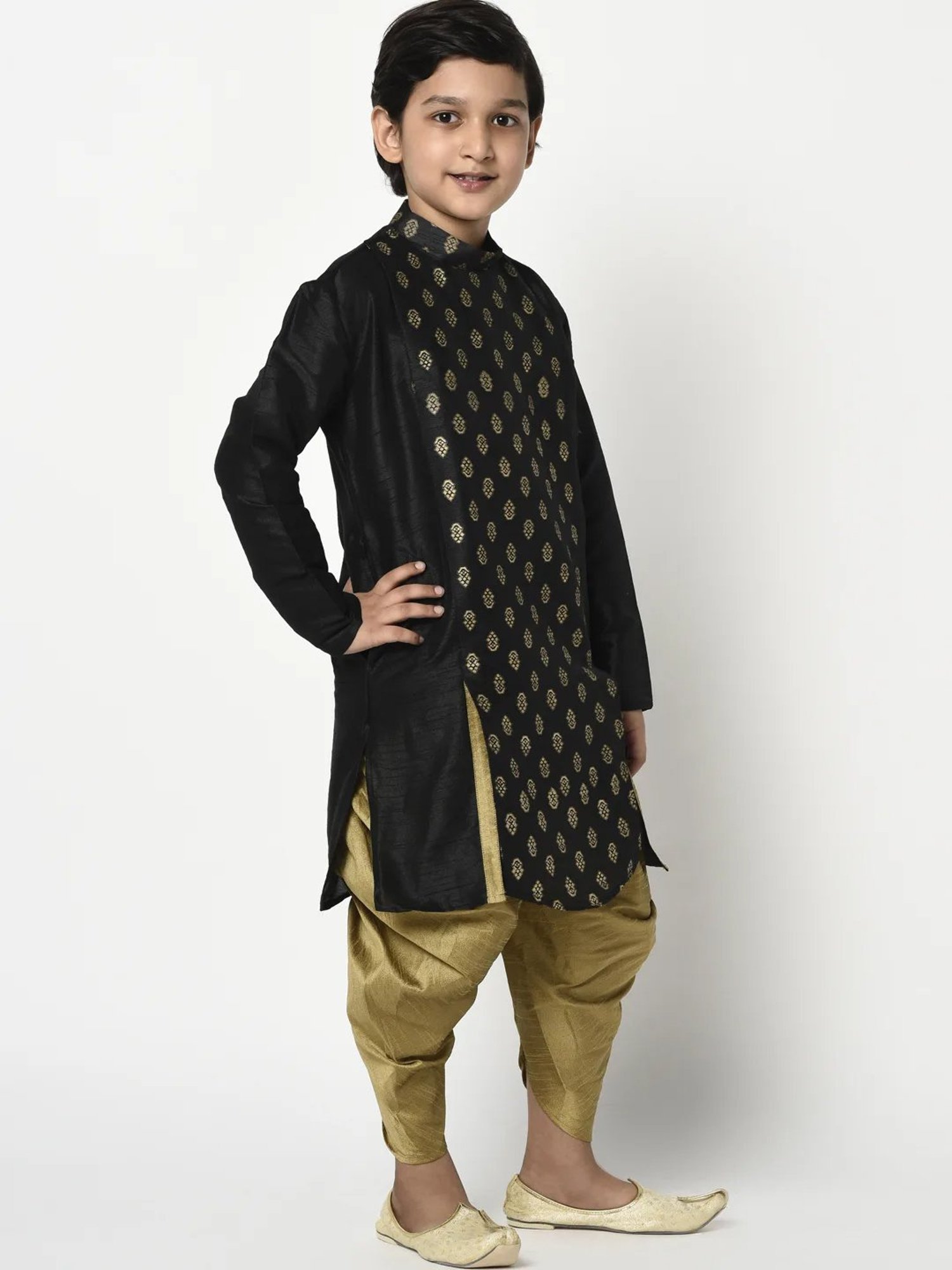 Deyann Kids Black & Gold Self Design Full Sleeves Kurta with Patiala