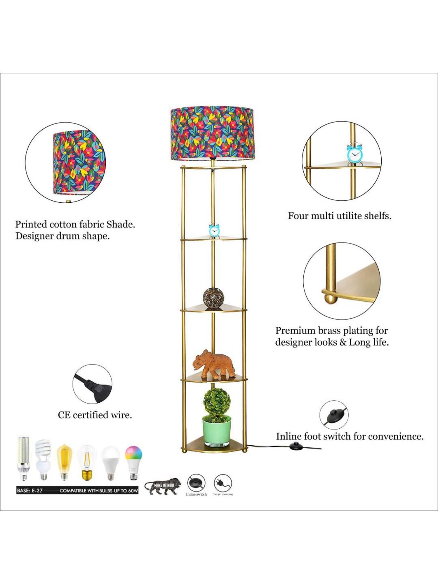 Kapoor E Illuminations Devan Antique Brass Metal Multiutility Shelf Floor Lamp