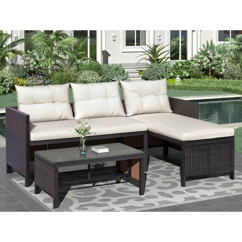 3pc Rattan Wicker Patio Sofa Set with Coffee Table - Art Leon